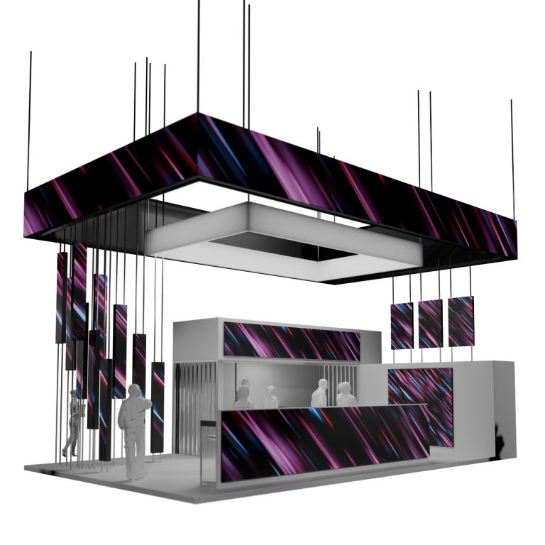 Modern exhibition stand with dynamic panels and interactive displays.