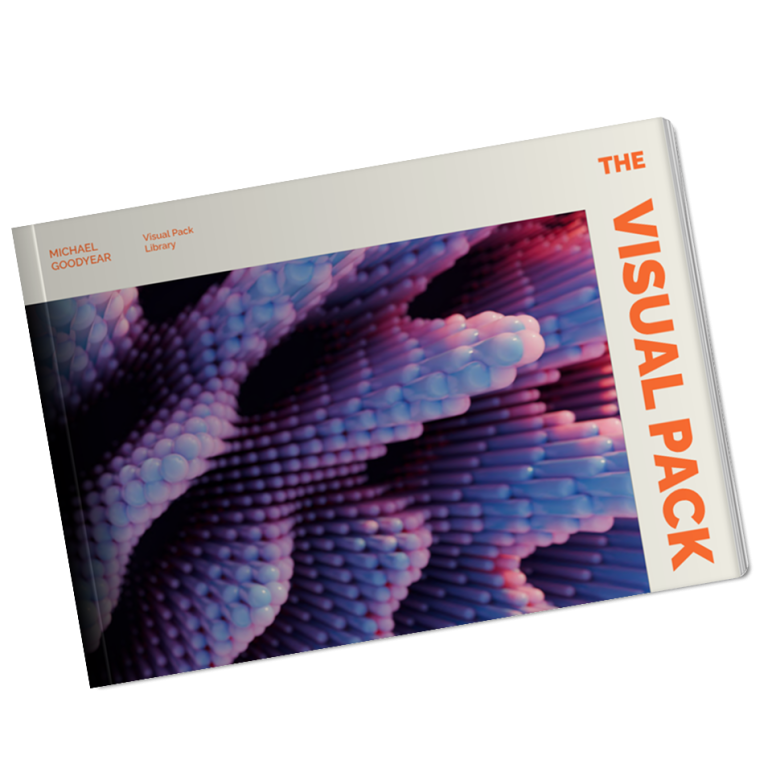 A creative design booklet titled "The Visual Pack" with an abstract textured cover.